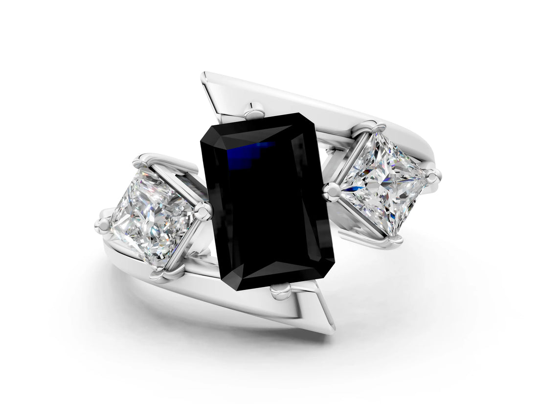 Platinum Three-Stone Fancy Black Radiant Cut Cut Tension Band Ring with Four-Prong Setting_6