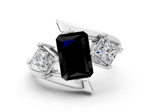 Platinum Three-Stone Fancy Black Radiant Cut Cut Tension Band Ring with Four-Prong Setting