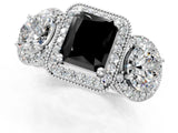 Platinum Three-Stone Fancy Black Radiant Cut Halo Diamond Milgrain Band with Four-Prong Setting_7