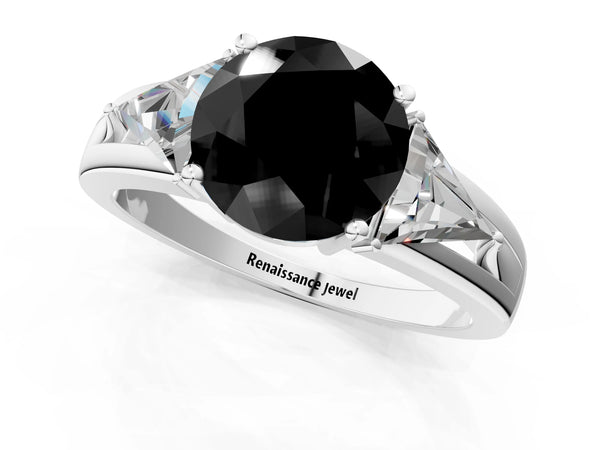 Platinum Round Trillion Three Stone Engagement Ring Setting for Black Center