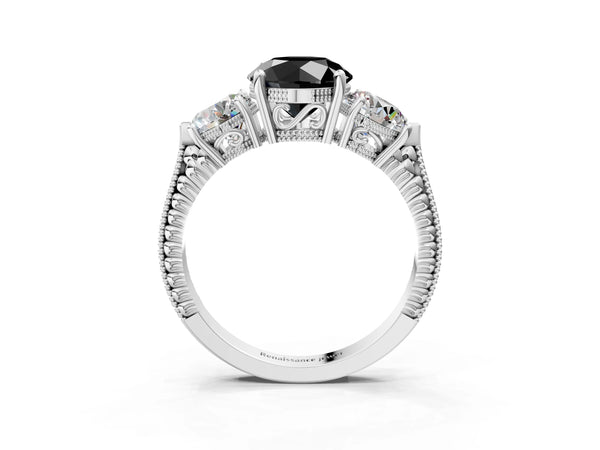 Platinum Round Vintage Three Stone Engagement Ring Setting for Black Center