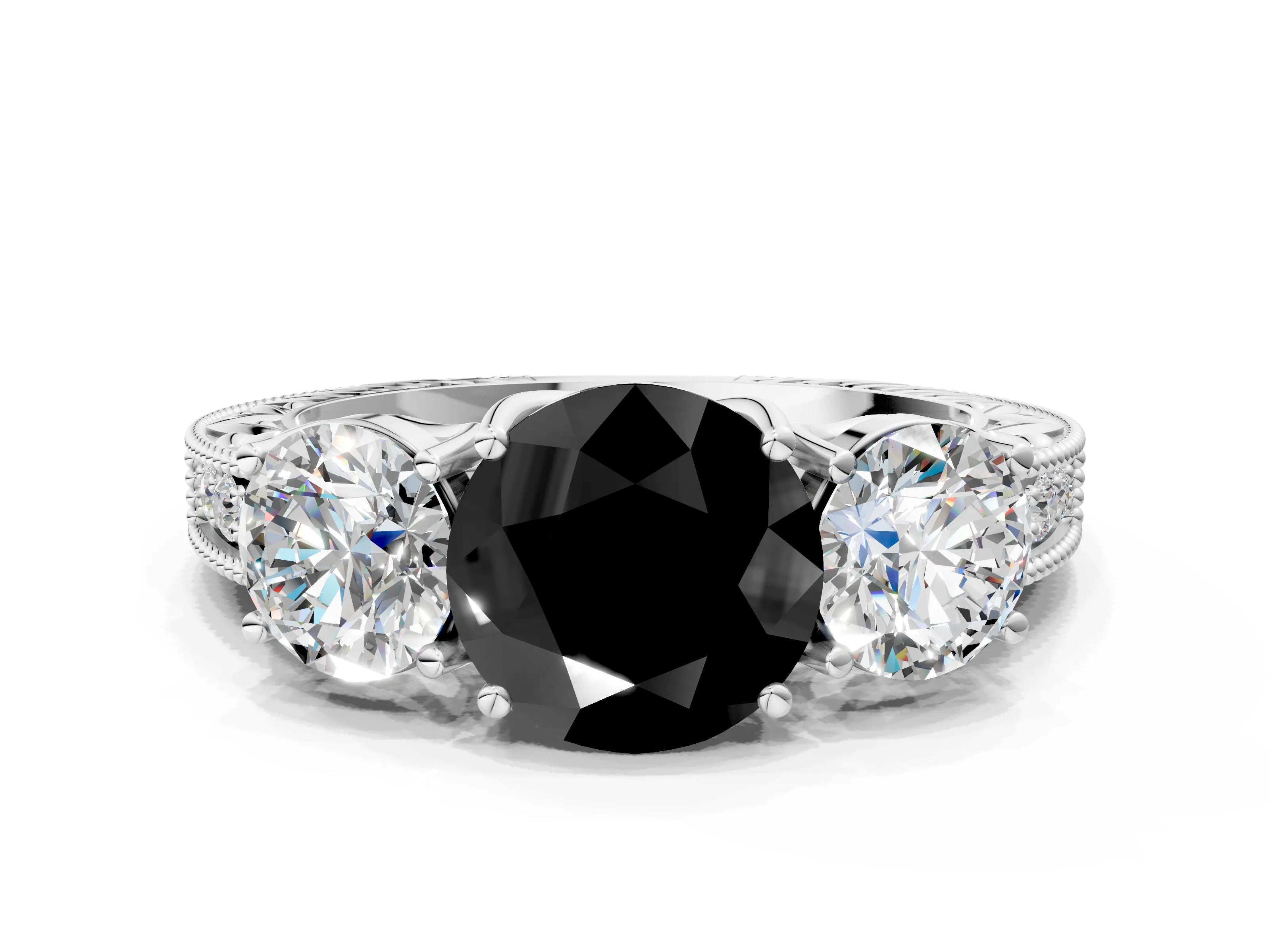 Platinum Three-Stone Fancy Black Round Cut Cut Milgrain Pavé Engagement Ring_25