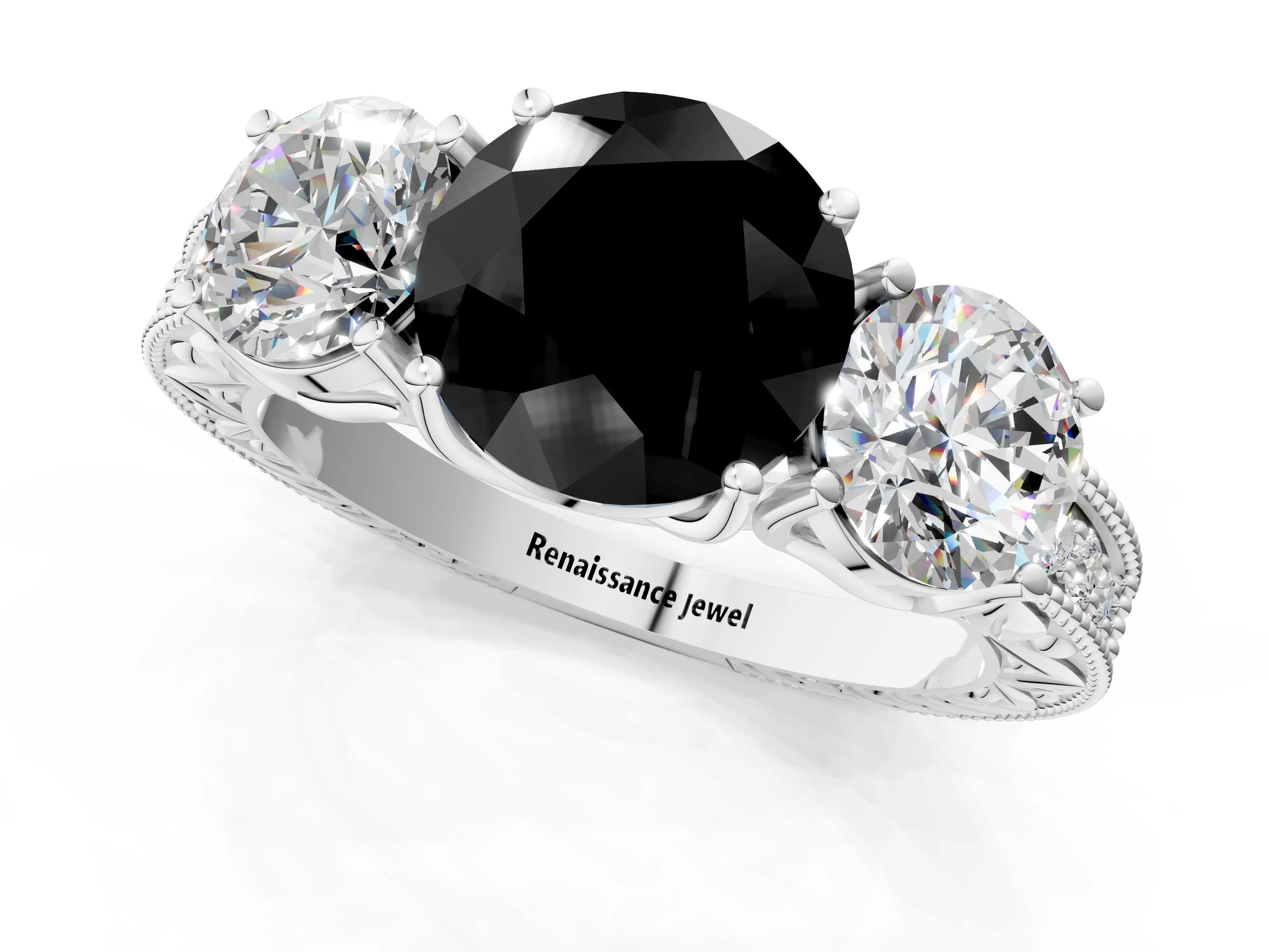 Platinum Three-Stone Fancy Black Round Cut Cut Milgrain Pavé Engagement Ring_26