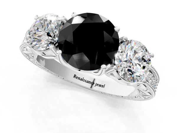 Platinum Round Vintage Three Stone Engagement Ring Setting for Black Center with Milgrain Pave Band
