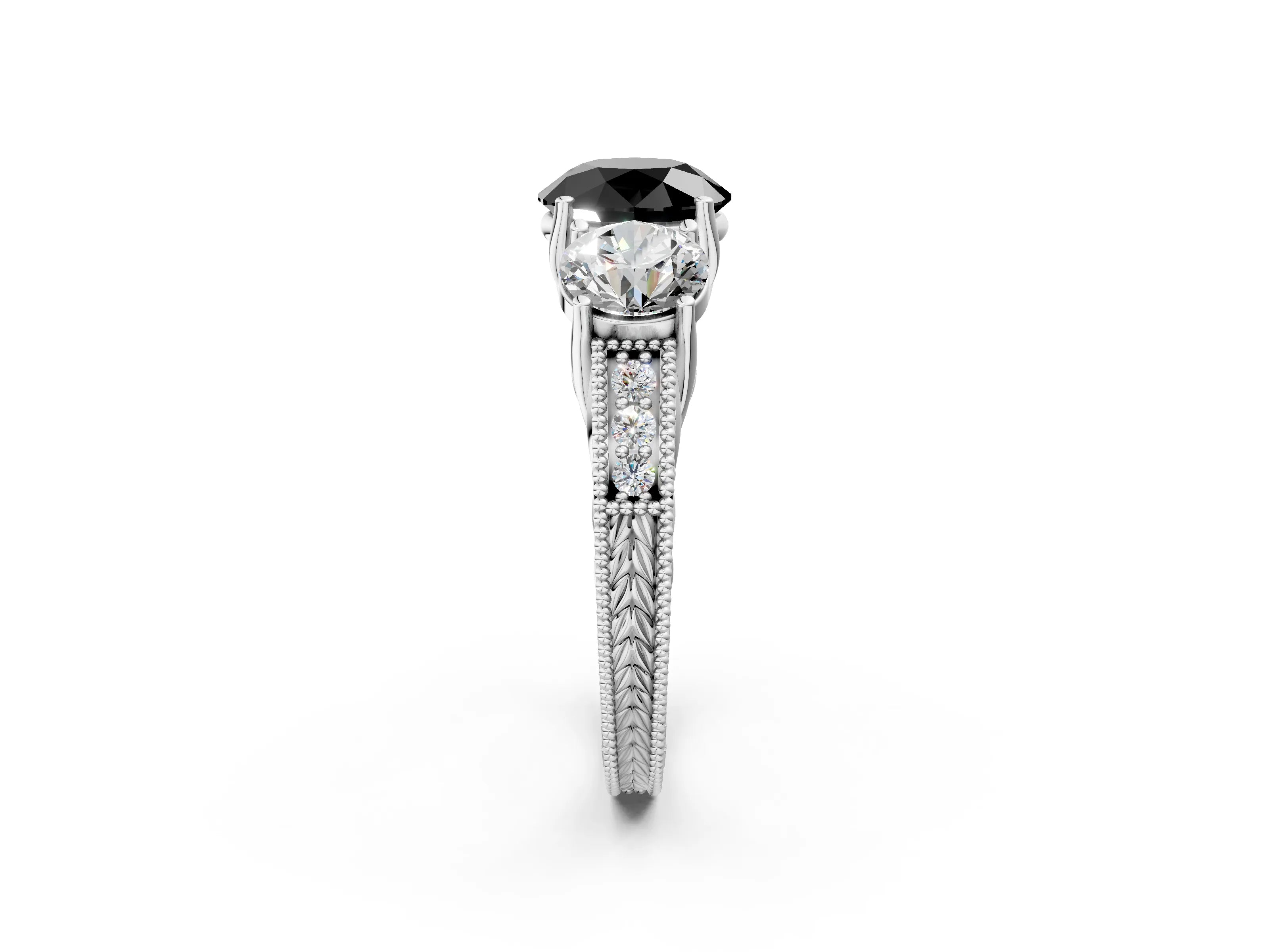 Platinum Three-Stone Fancy Black Round Cut Cut Milgrain Pavé Engagement Ring_27