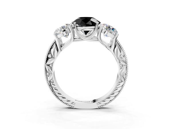 Platinum Round Vintage Three Stone Engagement Ring Setting for Black Center with Milgrain Pave Band