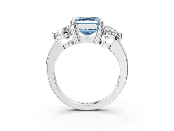 Platinum Three-Stone Fancy Blue Asscher  Brilliant Cut Solitaire Ring with Prong Setting on a Classic Band