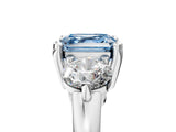 Platinum Three-Stone Fancy Blue Asscher  Brilliant Cut Solitaire Ring with Prong Setting on a Classic Band