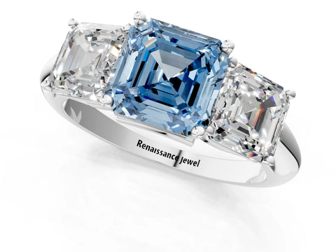 Platinum Three-Stone Fancy Blue Asscher Cut Cut Diamond Engagement Ring with Prong Setting on a White Gold Band_49