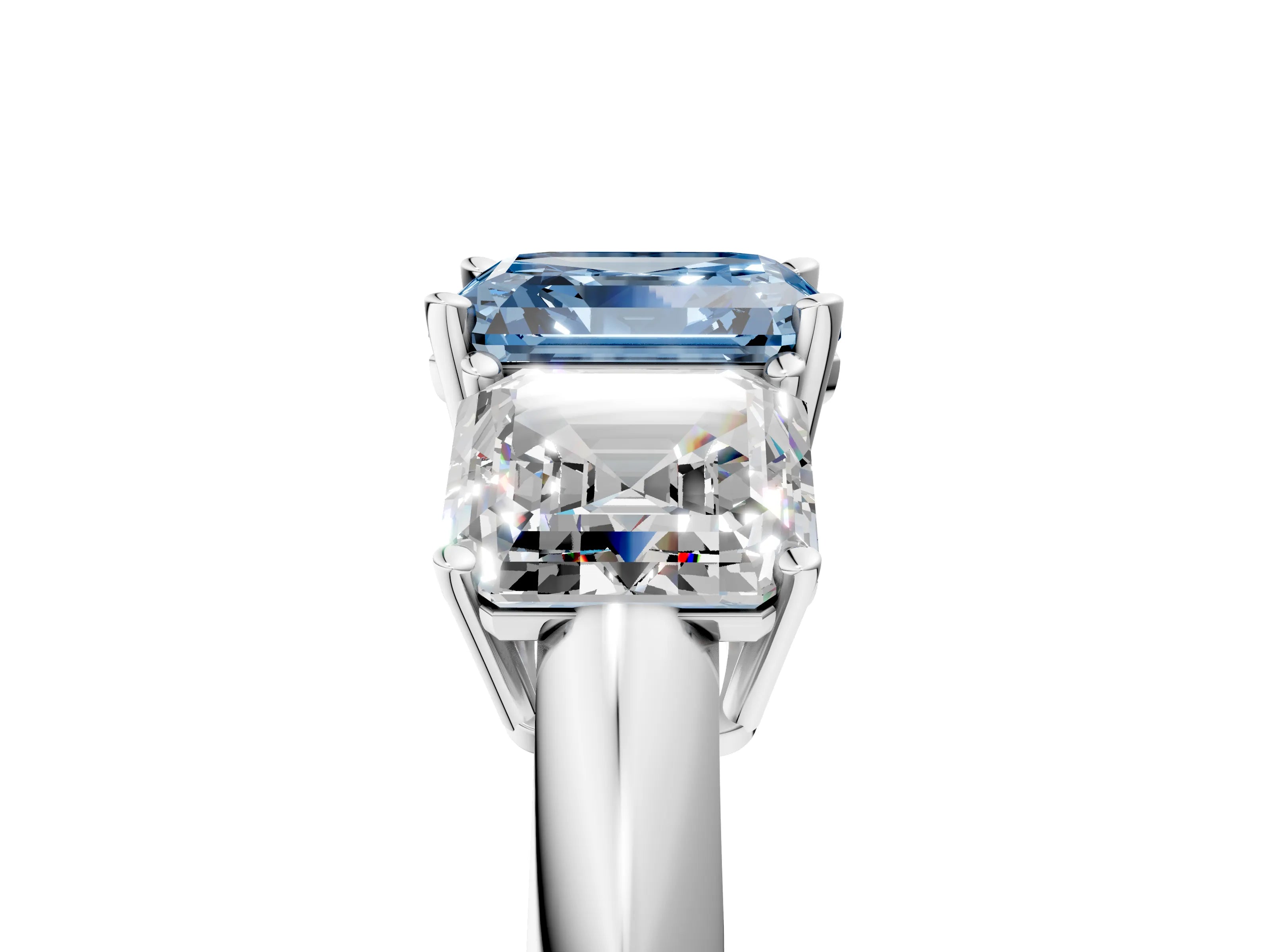 Platinum Three-Stone Fancy Blue Asscher Cut Cut Diamond Engagement Ring with Prong Setting on a White Gold Band_53