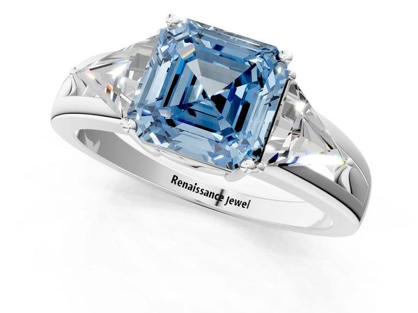 Platinum Asscher Cut Split Shank Three Stone Engagement Ring Setting for Fancy Blue Center