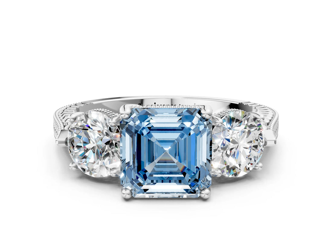 Platinum Three-Stone Fancy Blue Asscher Cut Cut Milgrain Band Prong Setting Ring_54
