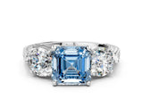 Platinum Three-Stone Fancy Blue Asscher Cut Cut Milgrain Band Prong Setting Ring_54