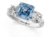 Platinum Three-Stone Fancy Blue Asscher Cut Cut Milgrain Band Prong Setting Ring_55
