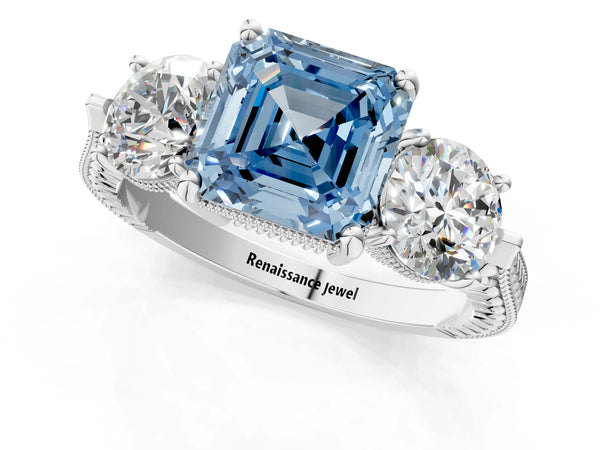 Platinum Three-Stone Fancy Blue Asscher Cut Cut Milgrain Band Prong Setting Ring