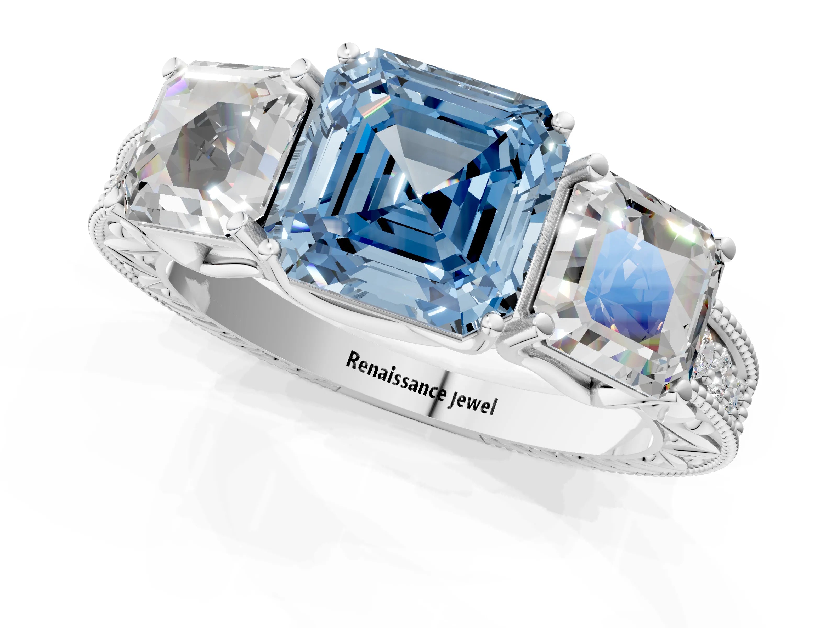 Platinum Three-Stone Fancy Blue Asscher Cut Cut Milgrain Pavé Engagement Ring_19