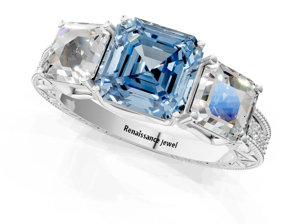 Platinum Asscher Cut Engraved Three Stone Engagement Ring Setting for Fancy Blue Center