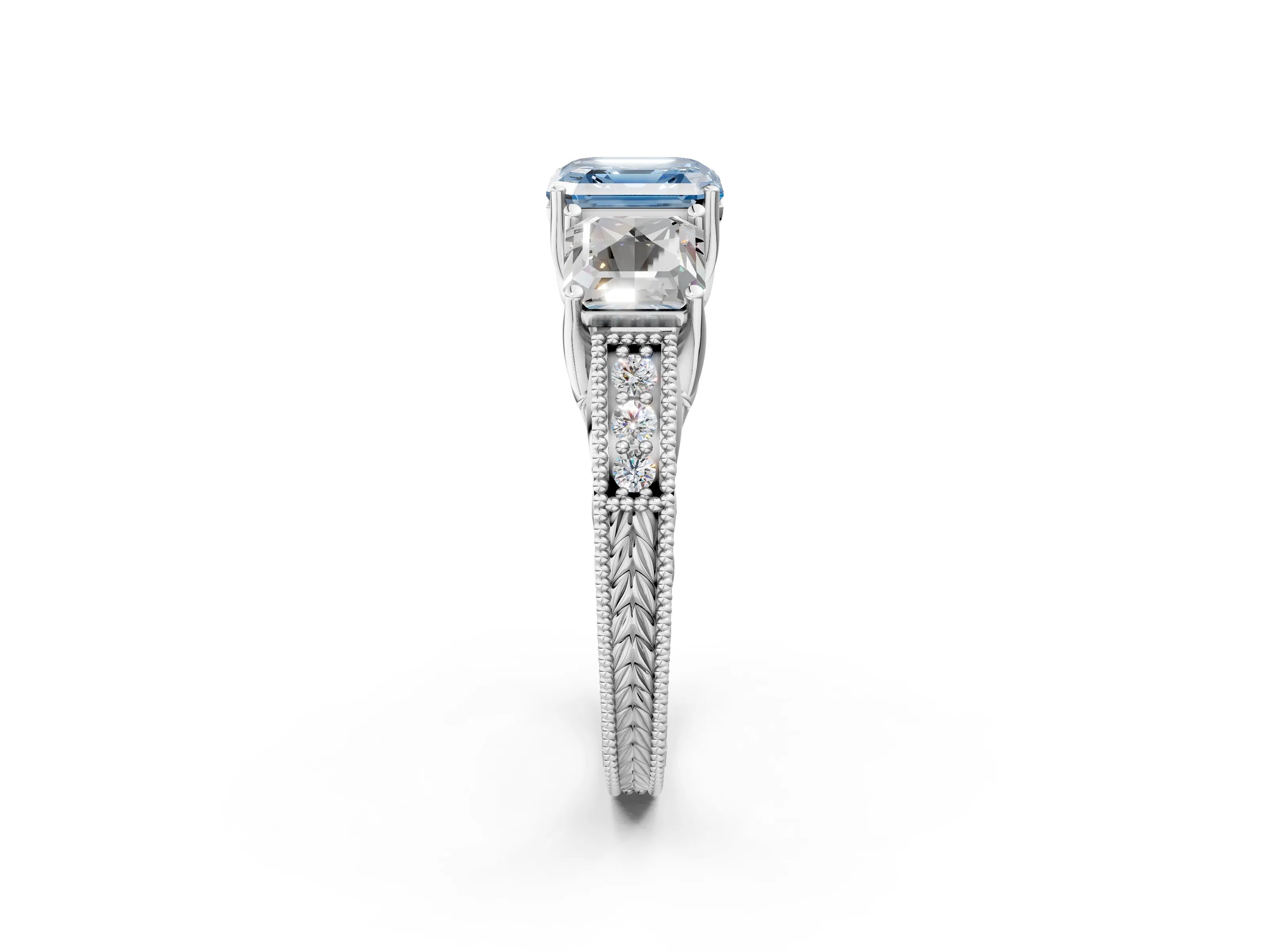 Platinum Three-Stone Fancy Blue Asscher Cut Cut Milgrain Pavé Engagement Ring_20