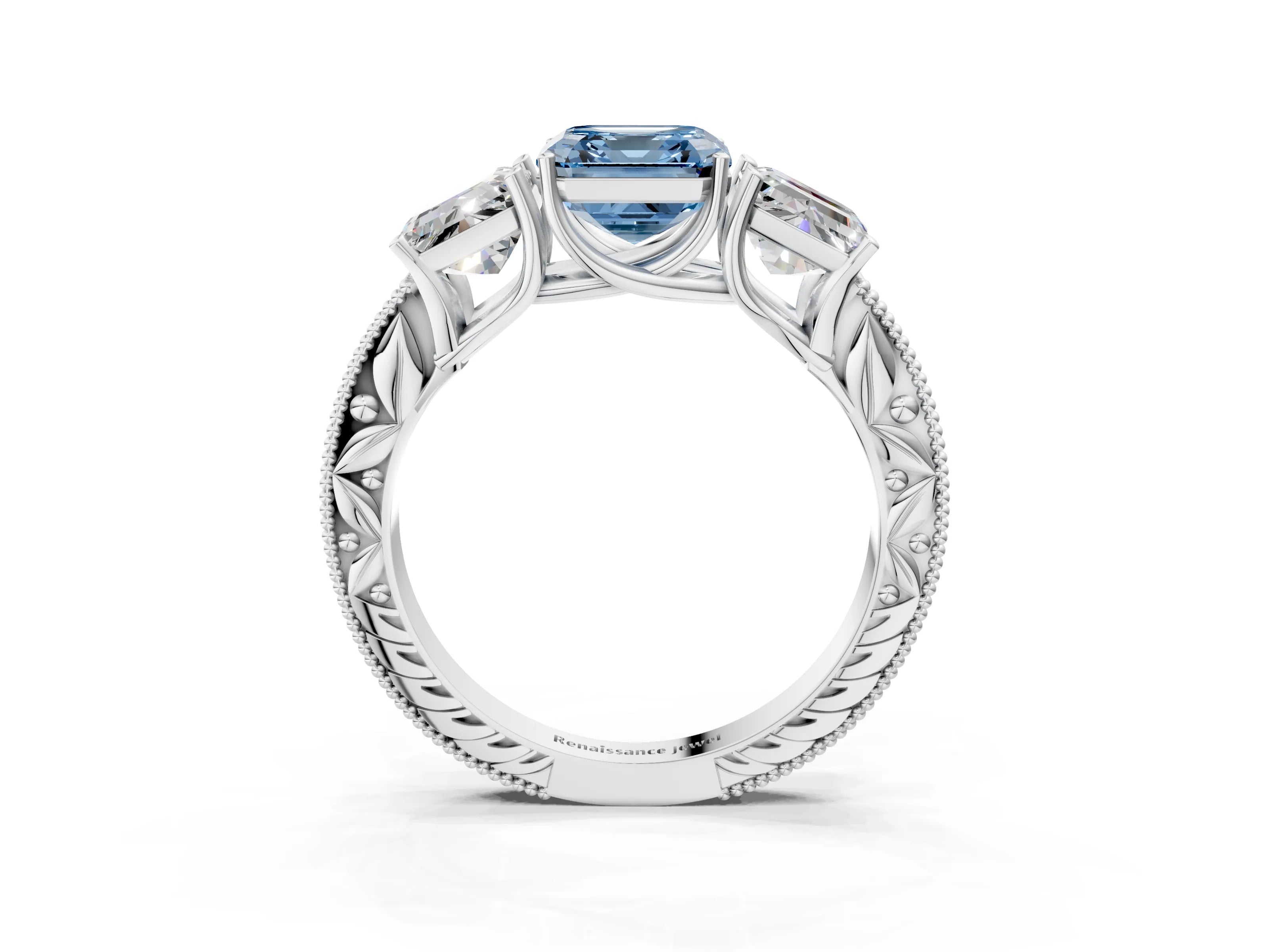Platinum Three-Stone Fancy Blue Asscher Cut Cut Milgrain Pavé Engagement Ring_21
