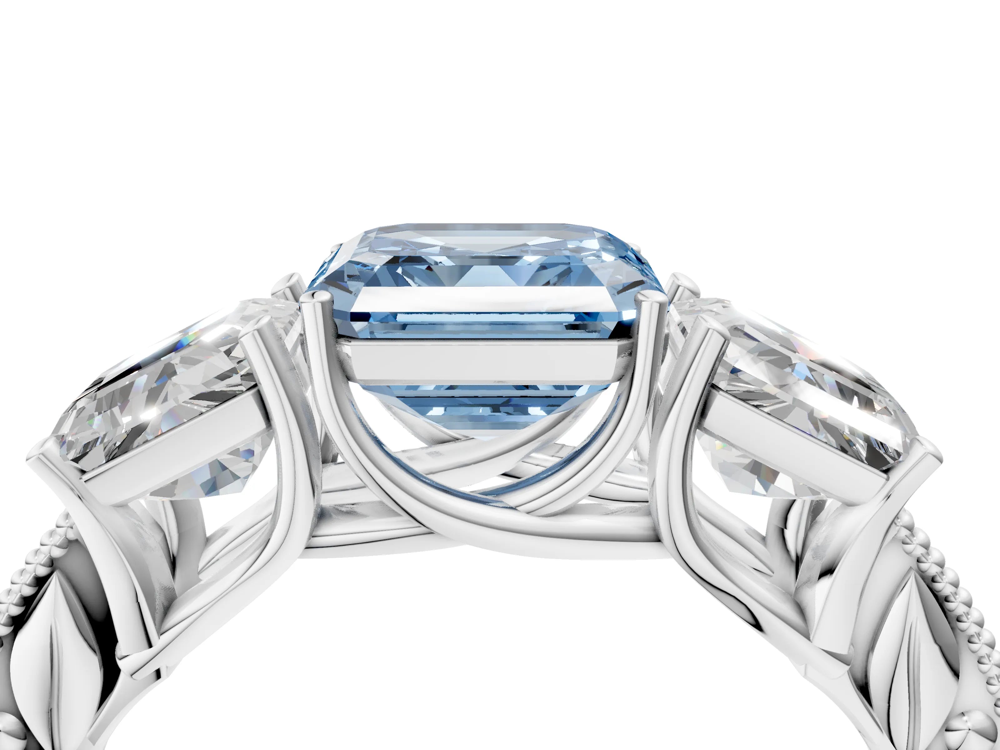 Platinum Three-Stone Fancy Blue Asscher Cut Cut Milgrain Pavé Engagement Ring_22