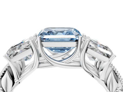 Platinum Three-Stone Fancy Blue Asscher Cut Cut Milgrain Pavé Engagement Ring_22