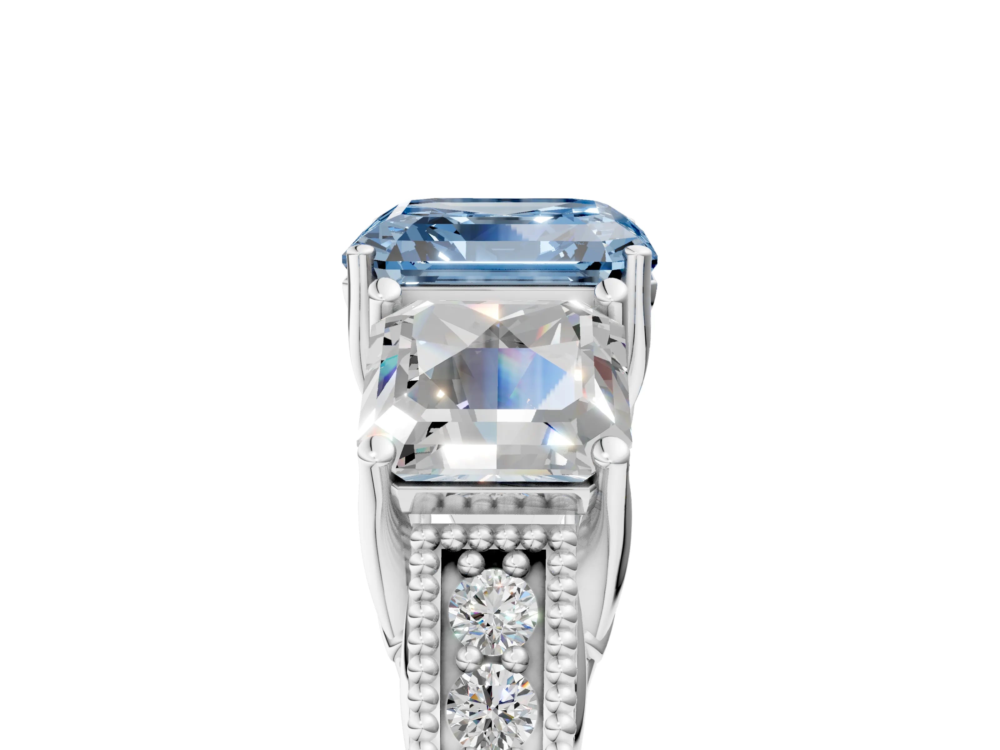 Platinum Three-Stone Fancy Blue Asscher Cut Cut Milgrain Pavé Engagement Ring_23