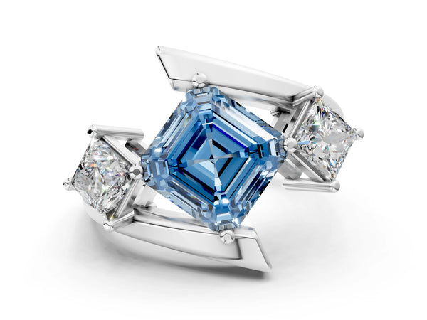Platinum Three-Stone Fancy Blue Asscher Cut Cut Tension Band Ring with Four-Prong Setting