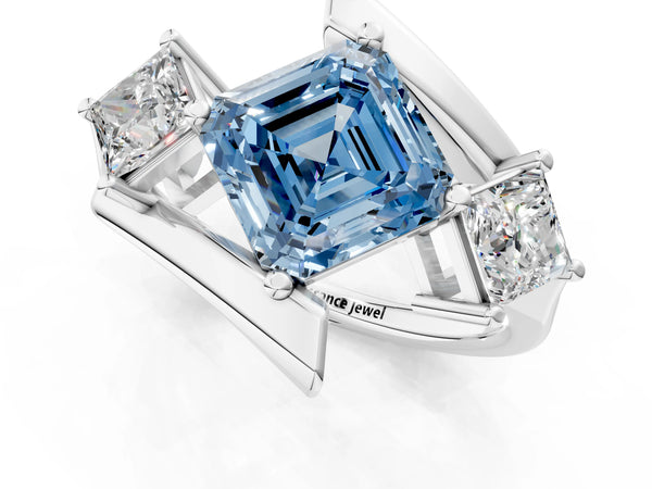 Platinum Three-Stone Fancy Blue Asscher Cut Cut Tension Band Ring with Four-Prong Setting