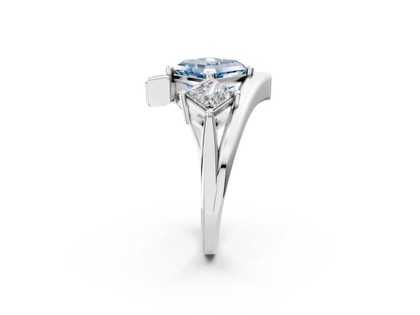 Platinum Three-Stone Fancy Blue Asscher Cut Cut Tension Band Ring with Four-Prong Setting