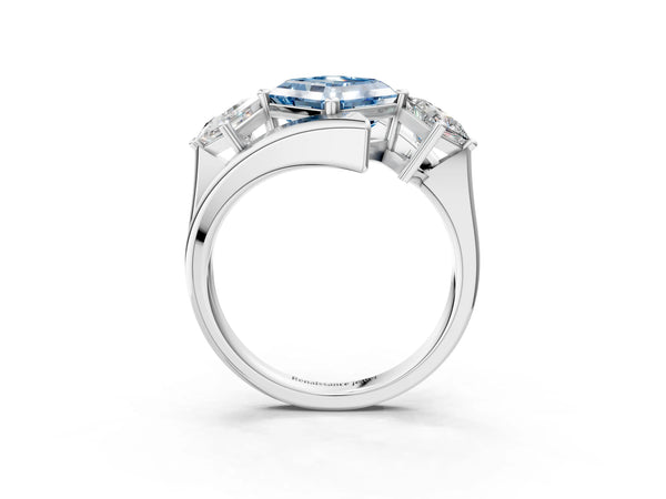 Platinum Three-Stone Fancy Blue Asscher Cut Cut Tension Band Ring with Four-Prong Setting