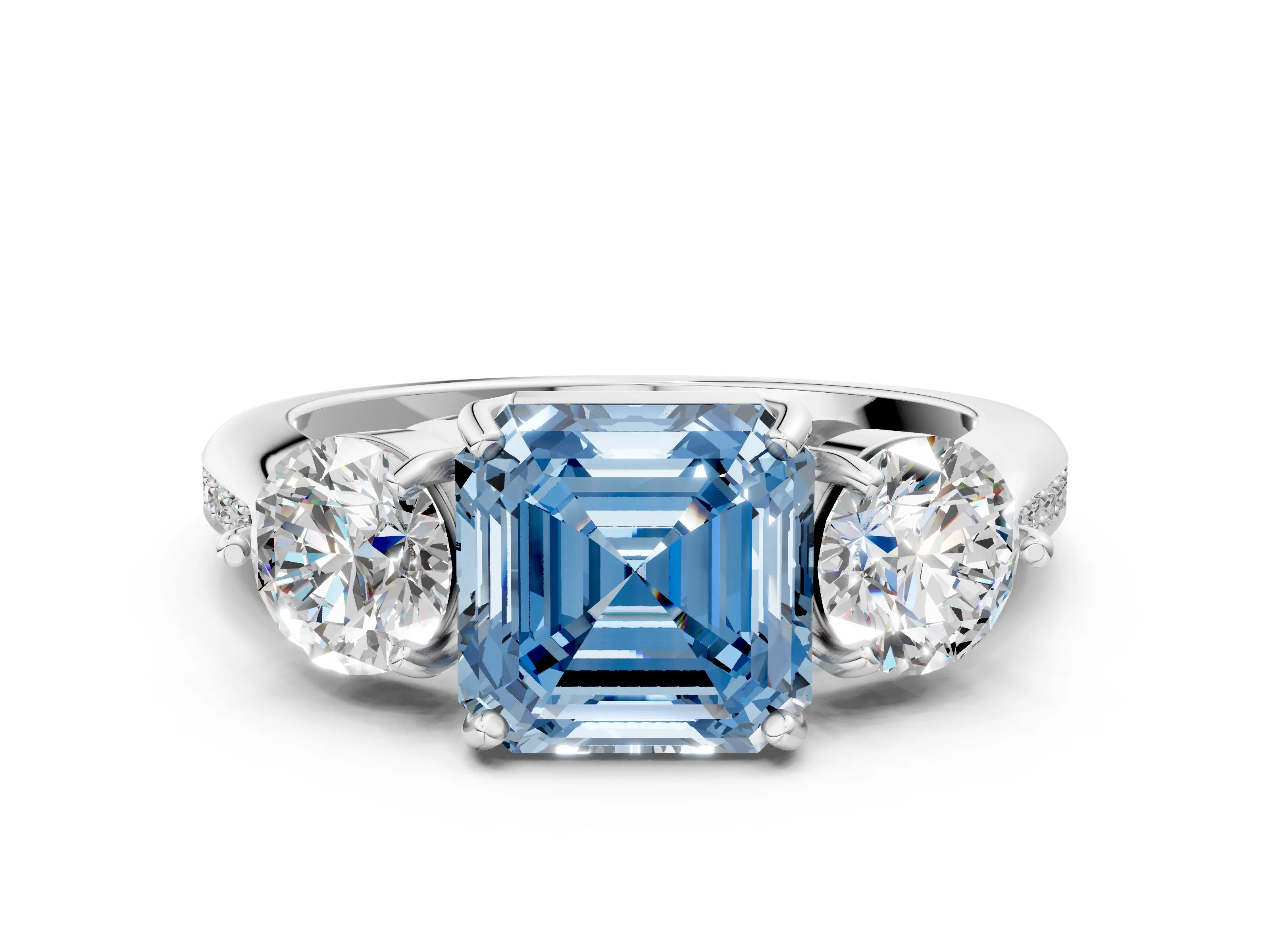 Platinum Three-Stone Fancy Blue Asscher Cut Diamond Channel Set Engagement Ring with Prong Setting_24