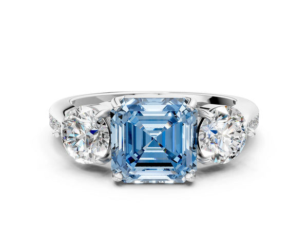Platinum Three-Stone Fancy Blue Asscher Cut Diamond Channel Set Engagement Ring with Prong Setting