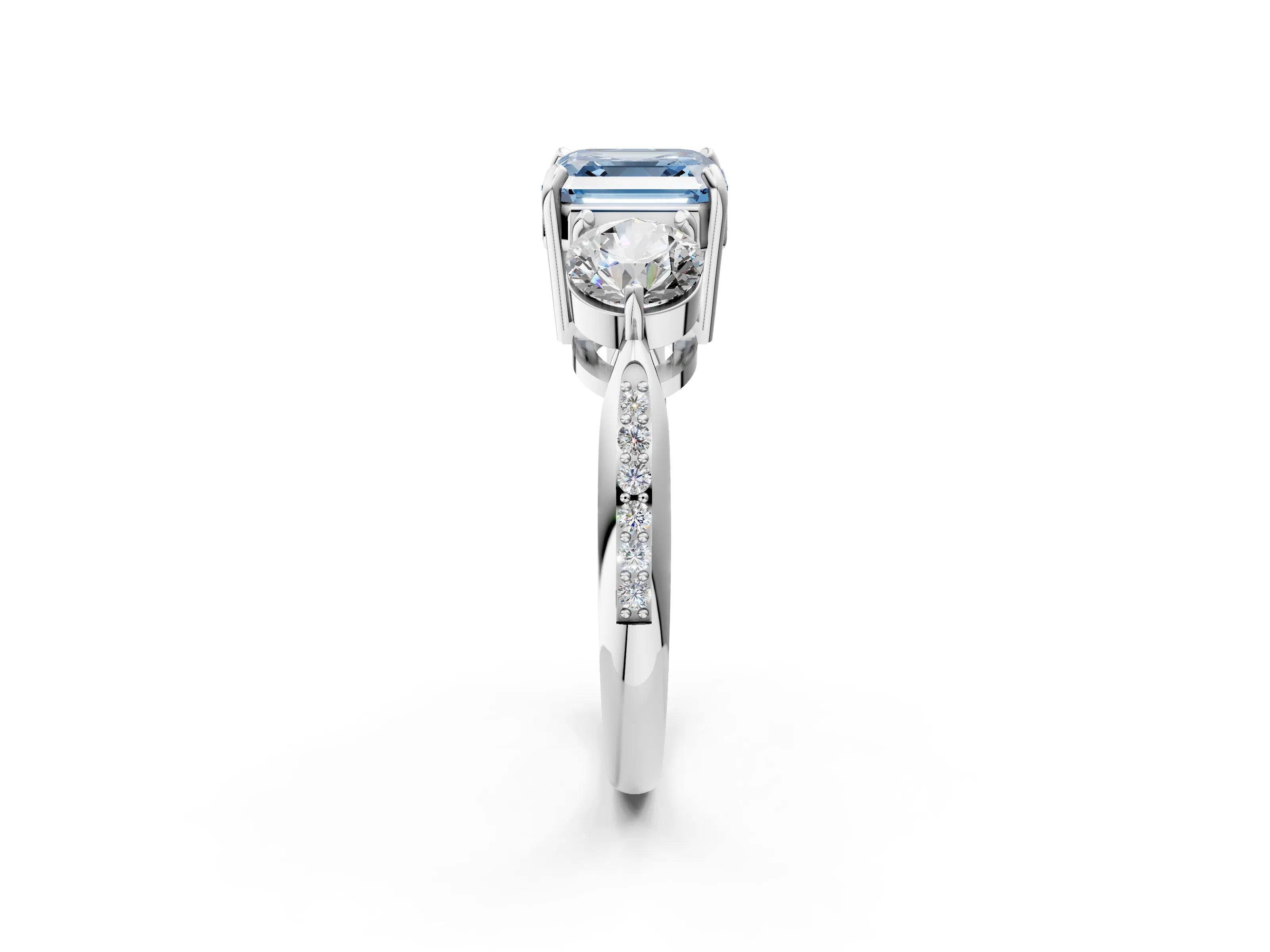 Platinum Three-Stone Fancy Blue Asscher Cut Diamond Channel Set Engagement Ring with Prong Setting_26