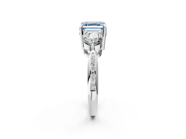 Platinum Three-Stone Fancy Blue Asscher Cut Diamond Channel Set Engagement Ring with Prong Setting