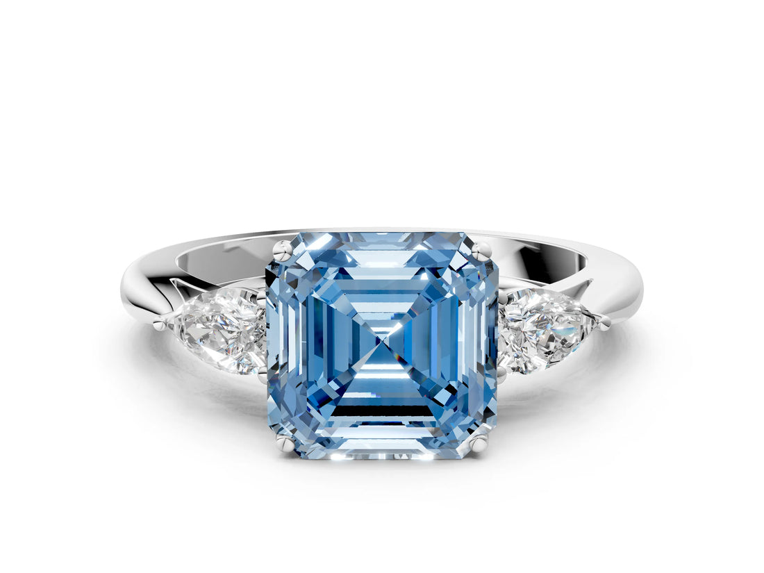 Platinum Three-Stone Fancy Blue Asscher Cut Diamond Ring with Pear  Side Stones in Four-Prong Setting_12
