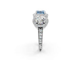 Platinum Three-Stone Fancy Blue Asscher Cut Halo Diamond Milgrain Band with Four-Prong Setting_8