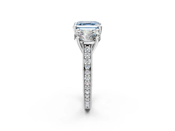 Platinum Asscher Cut Three-Stone Engagement Ring Setting for Fancy Blue Center with Pave Band