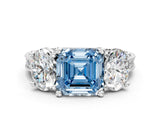 Platinum Three-Stone Fancy Blue Asscher  Diamond Milgrain Pave Band with Prong Setting