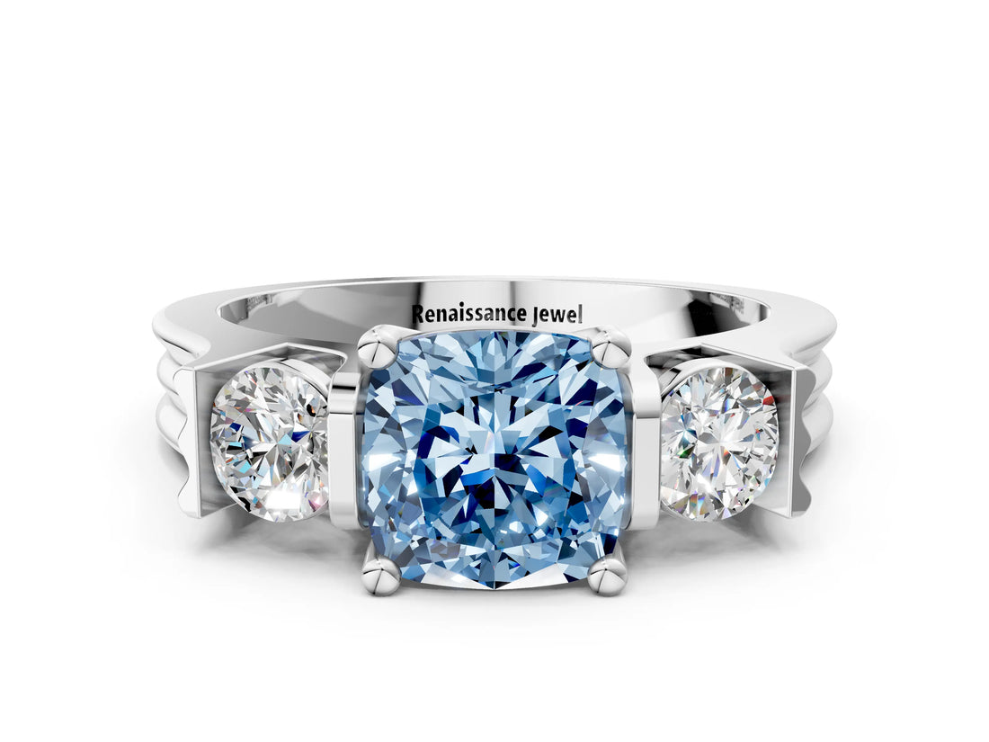 Platinum Three-Stone Fancy Blue Cushion Cut Cut Classic Band Prong Setting Ring_12
