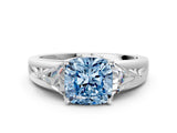 Platinum Three-Stone Fancy Blue Cushion Cut Cut Diamond Ring with Trillion Side Stones on a Split Shank Band_24