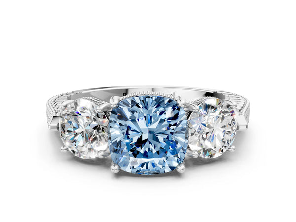 Platinum Three-Stone Fancy Blue Cushion Cut Cut Milgrain Band Prong Setting Ring