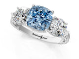 Platinum Three-Stone Fancy Blue Cushion Cut Cut Milgrain Band Prong Setting Ring_19