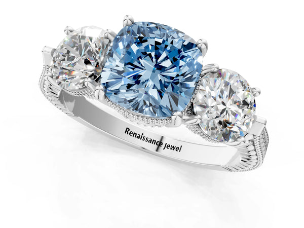 Platinum Three-Stone Fancy Blue Cushion Cut Cut Milgrain Band Prong Setting Ring