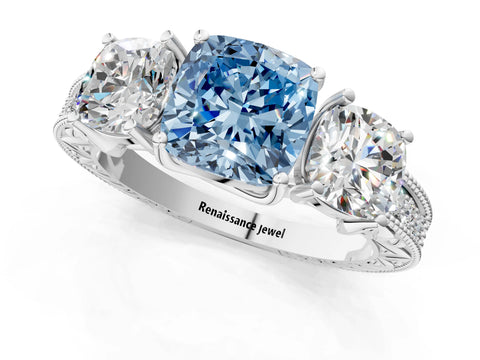 Platinum Three-Stone Fancy Blue Cushion Cut Cut Milgrain Pavé Engagement Ring_27