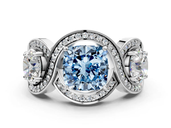 Platinum Three-Stone Fancy Blue Cushion Cut Diamond Wave Pave Band with Prong Setting