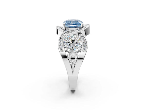 Platinum Three-Stone Fancy Blue Cushion Cut Diamond Wave Pave Band with Prong Setting