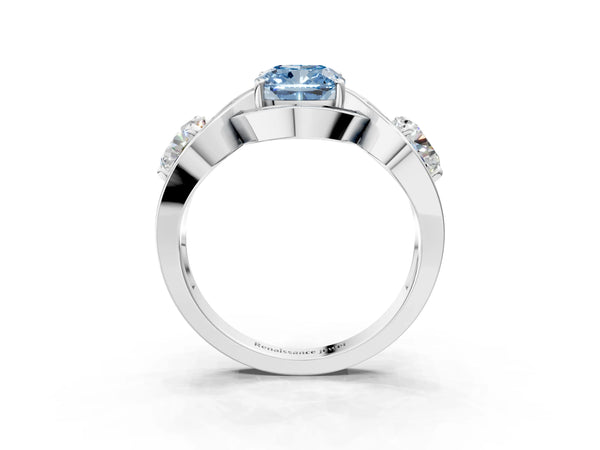 Platinum Three-Stone Fancy Blue Cushion Cut Diamond Wave Pave Band with Prong Setting