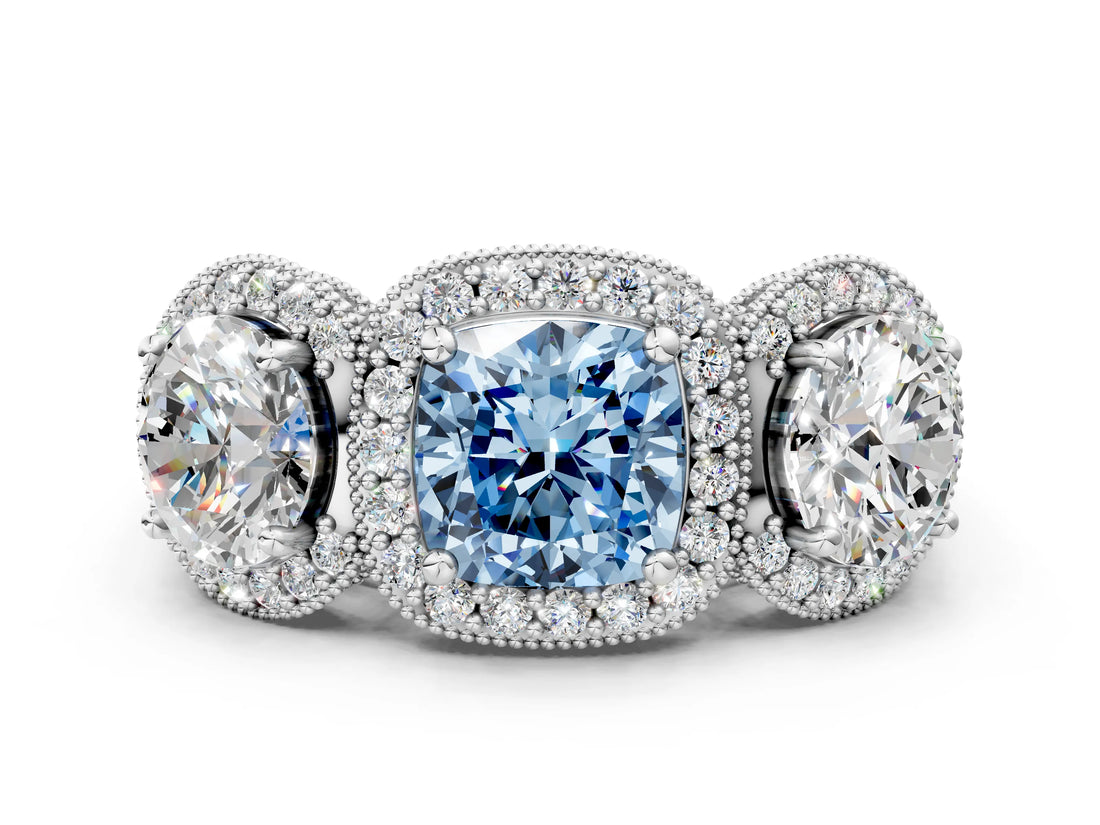 Platinum Three-Stone Fancy Blue Cushion Cut Halo Diamond Milgrain Band with Four-Prong Setting_12