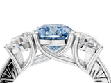 Platinum Three-Stone Fancy Blue Cushion  Diamond Milgrain Pave Band with Prong Setting 4