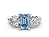 Platinum Three-Stone Fancy Blue Emerald  Brilliant Cut Solitaire Ring with Prong Setting on a Classic Band 2
